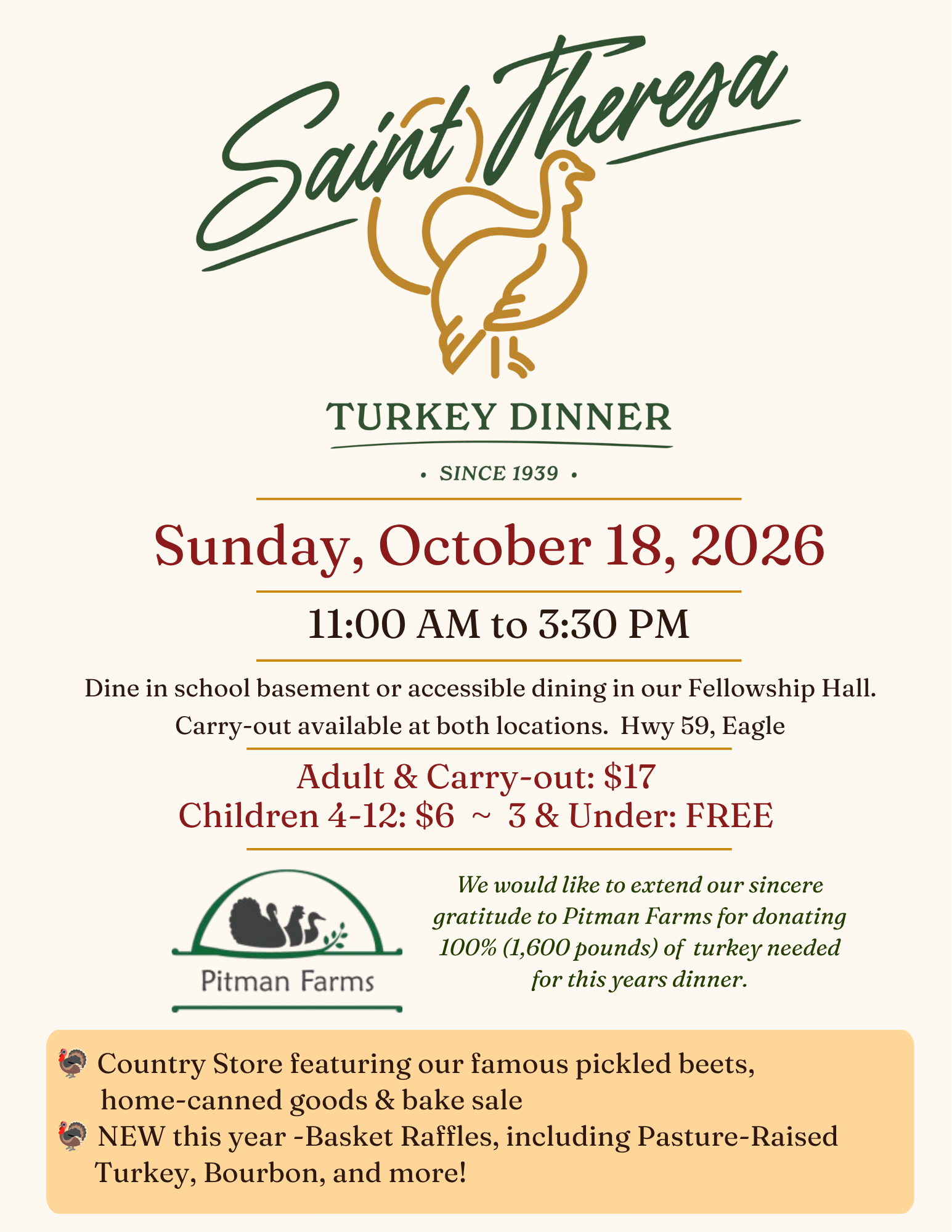 St. Theresa Turkey Dinner, Sunday, October 18, 2026, 11:00 AM to 3:30 PM